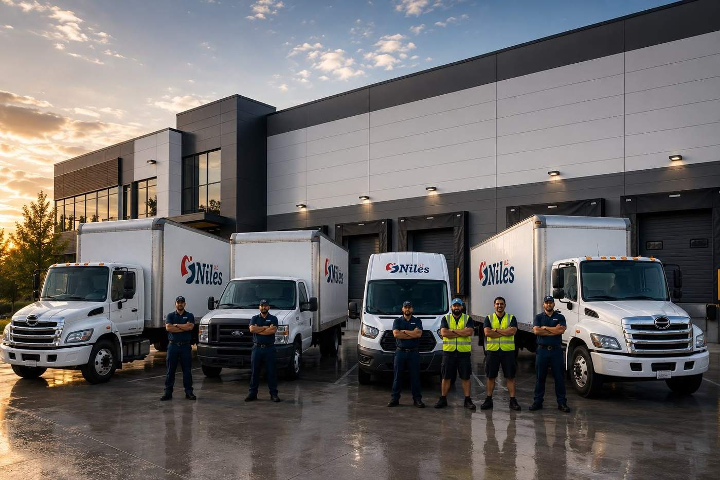 The Niles Last Mile team standing with the full fleet of trucks and cargo van