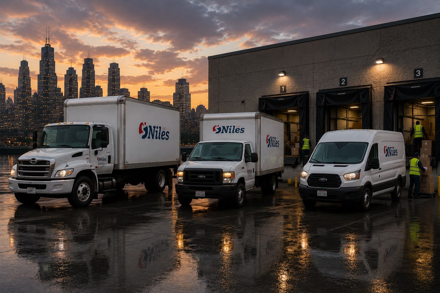 Niles LLC trucks and cargo van at the loading dock